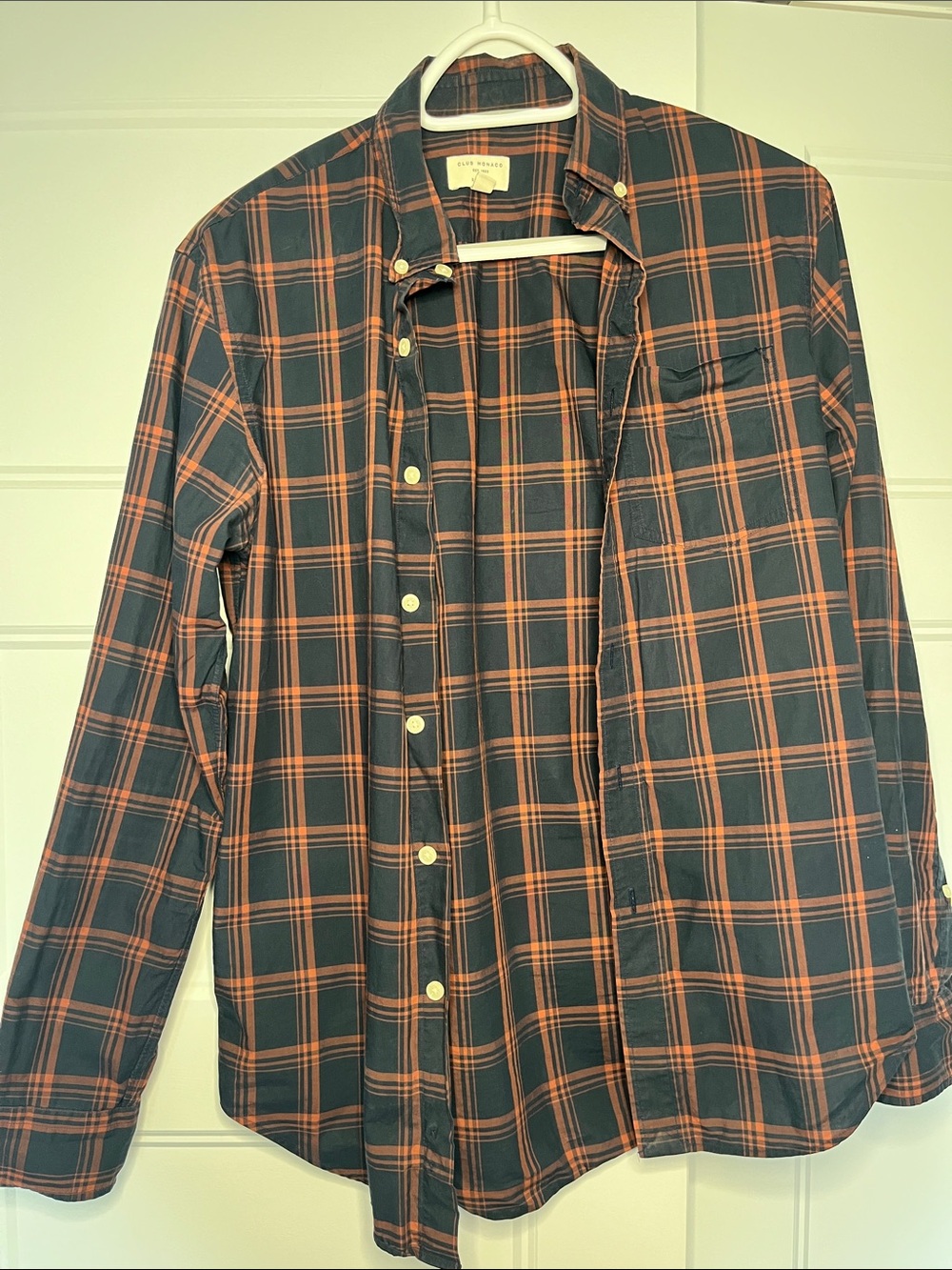 Club Monaco Men's Navy and Orange Plaid Button-Down Shirt